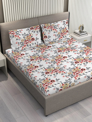 Duracount 225 CVC Multicolor Floral King Size Bedsheet with 2 Pillow Covers