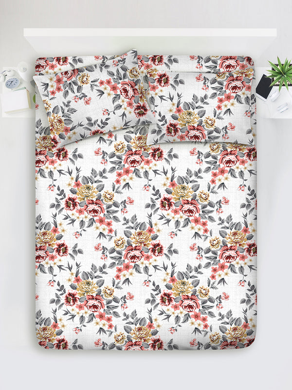 Duracount 225 CVC Multicolor Floral King Size Bedsheet with 2 Pillow Covers
