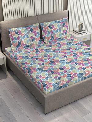 Duracount 225 CVC Multicolor Geometrical King Size Bedsheet with 2 Pillow Covers