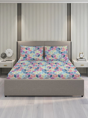 Duracount 225 CVC Multicolor Geometrical King Size Bedsheet with 2 Pillow Covers