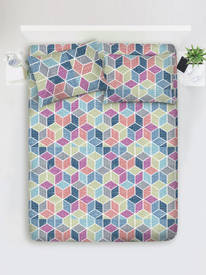 Duracount 225 CVC Multicolor Geometrical King Size Bedsheet with 2 Pillow Covers