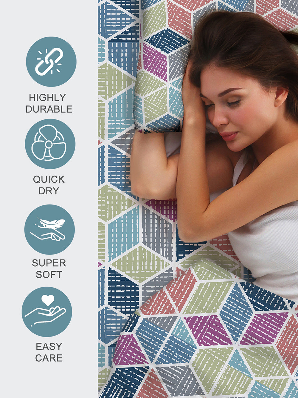 Duracount 225 CVC Multicolor Geometrical King Size Bedsheet with 2 Pillow Covers