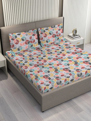 Duracount 225 CVC Multicolor Geometrical 1 King Size Bedsheet with 2 Pillow Covers