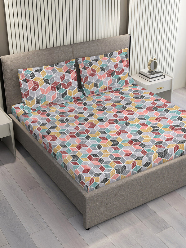 Duracount 225 CVC Multicolor Geometrical 1 King Size Bedsheet with 2 Pillow Covers