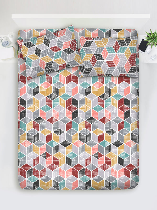 Duracount 225 CVC Multicolor Geometrical 1 King Size Bedsheet with 2 Pillow Covers