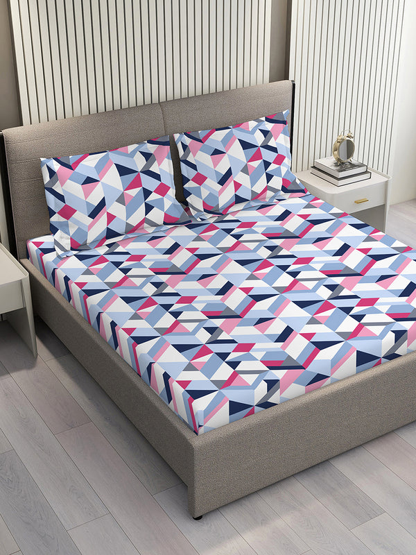 Duracount 225 CVC Multicolor Geometrical King Size Bedsheet with 2 Pillow Covers