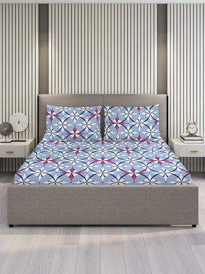 Duracount 225 CVC Blue Geometrical 1 King Size Bedsheet with 2 Pillow Covers
