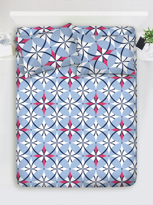 Duracount 225 CVC Blue Geometrical 1 King Size Bedsheet with 2 Pillow Covers