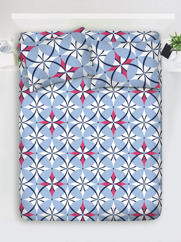 Duracount 225 CVC Blue Geometrical 1 King Size Bedsheet with 2 Pillow Covers