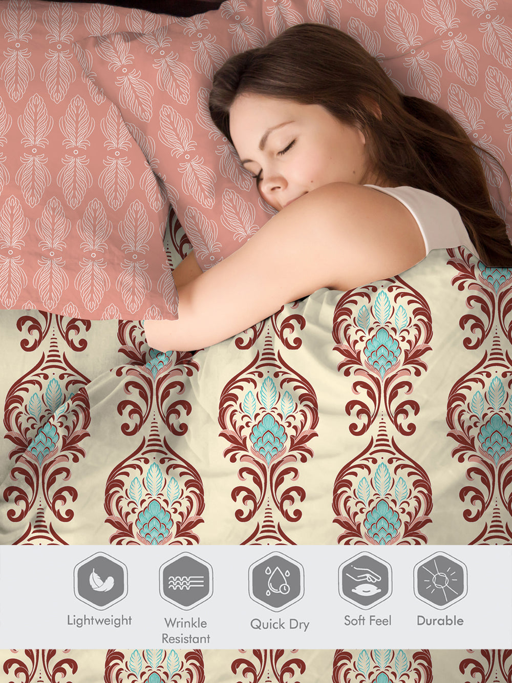 Ivy Microfibre 125 GSM Cream Ethnic 1 Double Size Bedsheet with 2 Pillow Covers
