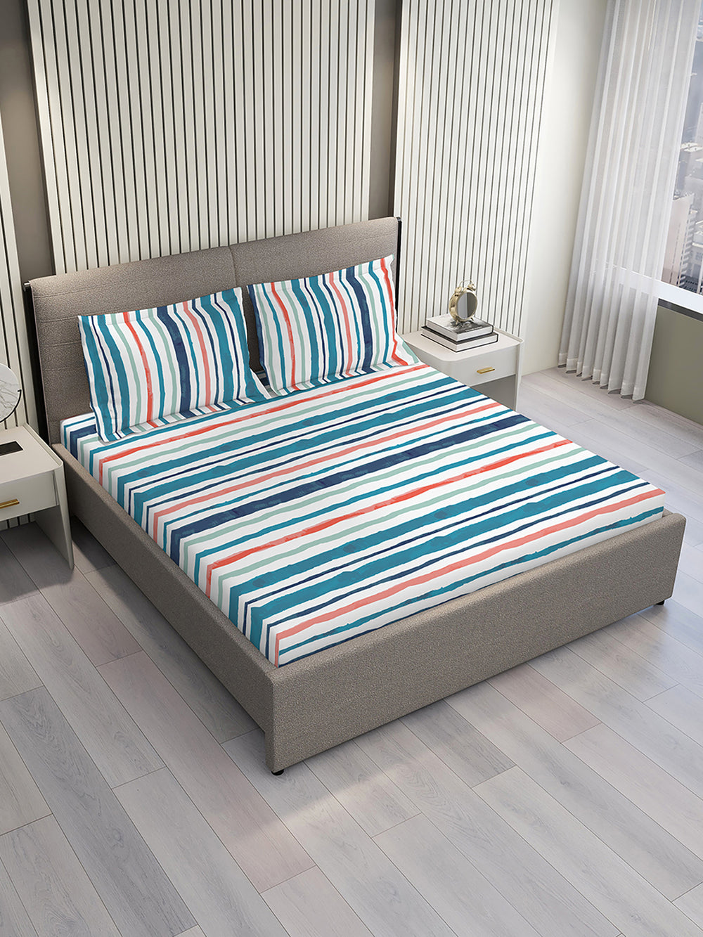 Argos 225 CVC Blue Stripes 1 King Size Bedsheet with 2 Pillow Covers