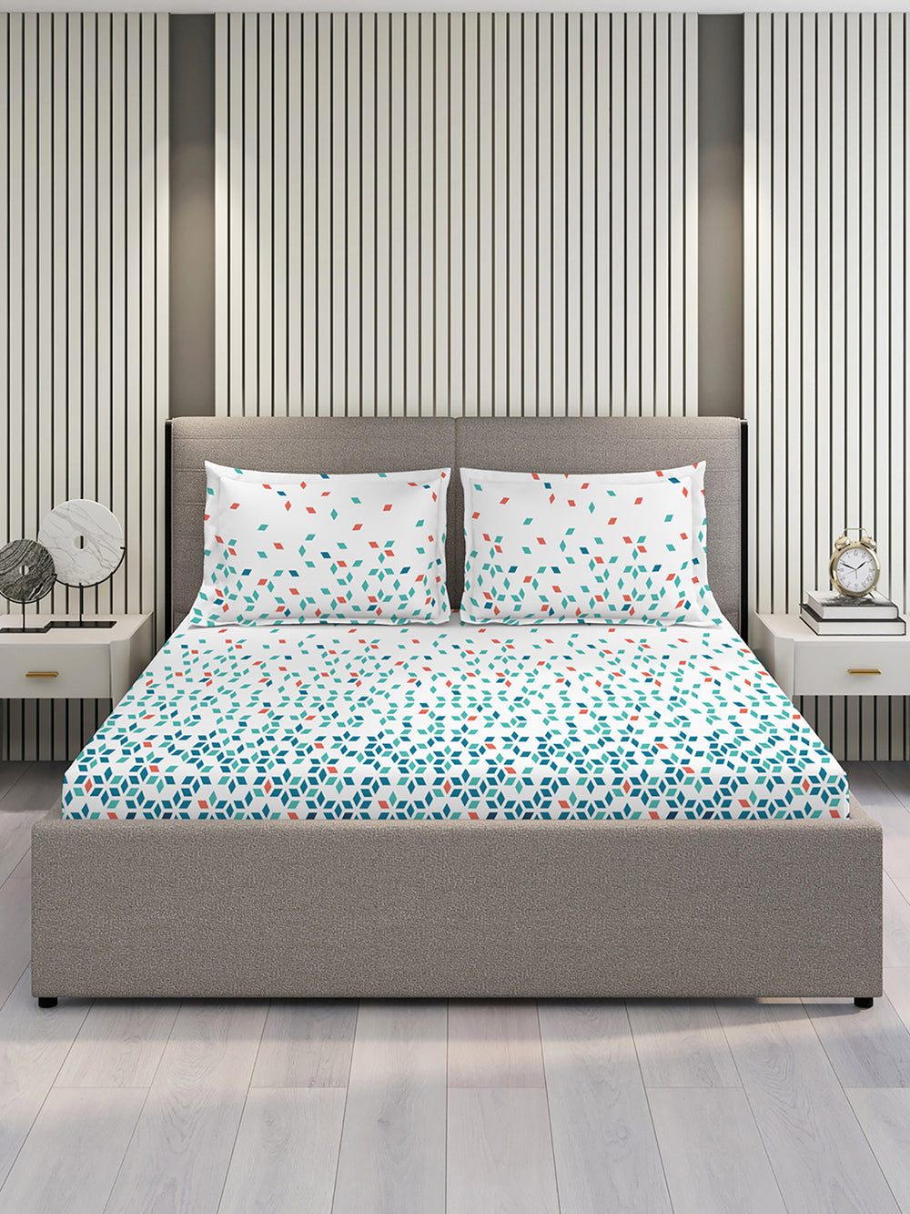 Argos 225 CVC Blue Geometrical King Size Bedsheet with 2 Pillow Covers