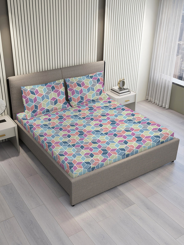Argos 225 CVC Multicolor Geometrical 1 King Size Bedsheet with 2 Pillow Covers
