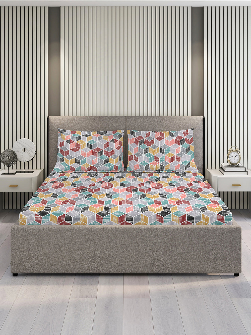Argos 225 CVC Multicolor Geometrical King Size Bedsheet with 2 Pillow Covers