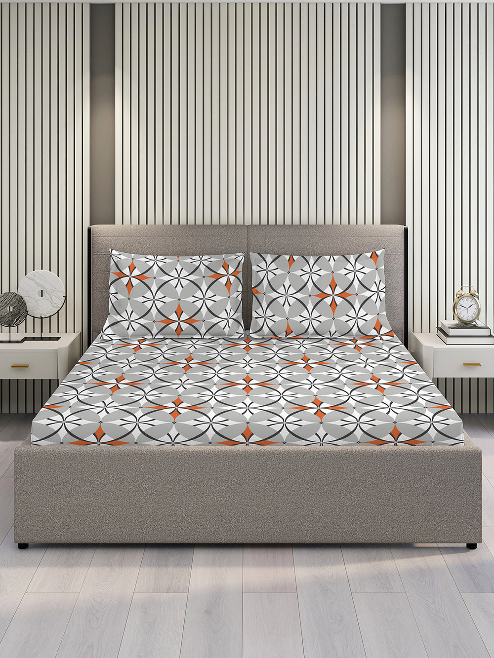Argos 225 CVC Grey Geometrical King Size Bedsheet with 2 Pillow Covers