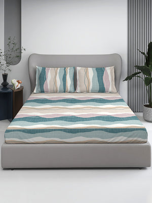 Firenze Floret 100% Cotton 146 TC Blue Grey Stripes 1 King Size Bedsheet with 2 Pillow Covers