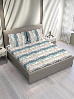 Firenze Floret 100% Cotton 146 TC Blue Grey Stripes 1 King Size Bedsheet with 2 Pillow Covers
