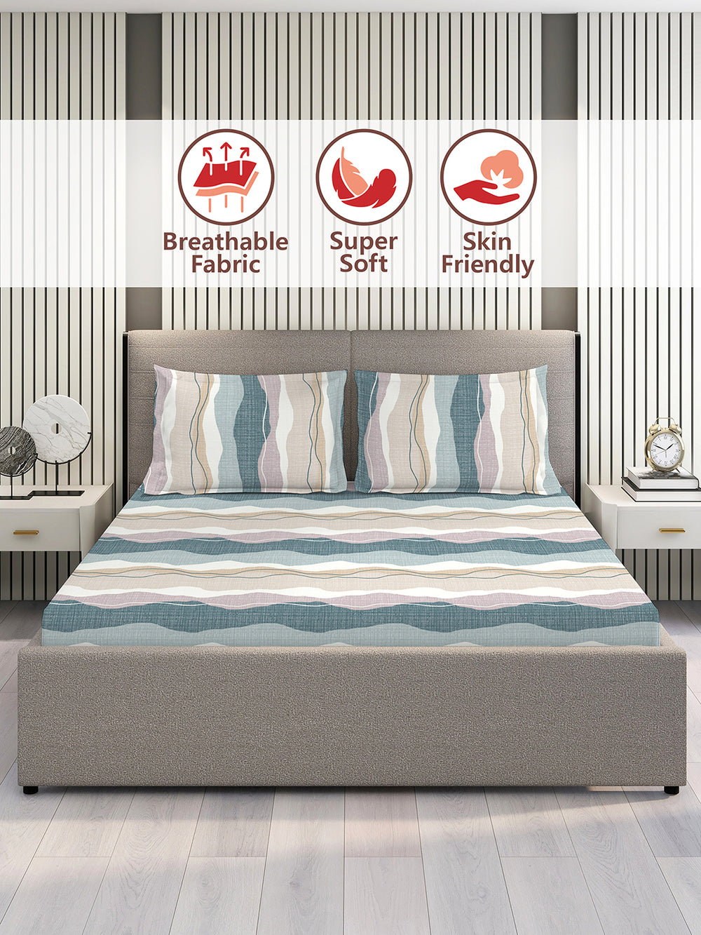 Firenze Floret 100% Cotton 146 TC Blue & Grey Stripes King Size Bedsheet with 2 Pillow Covers