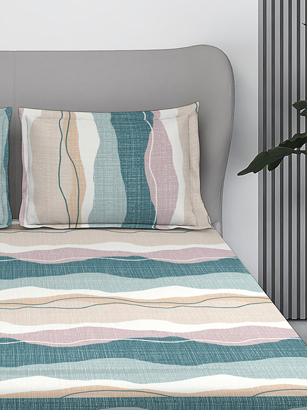 Firenze Floret 100% Cotton 146 TC Blue & Grey Stripes King Size Bedsheet with 2 Pillow Covers