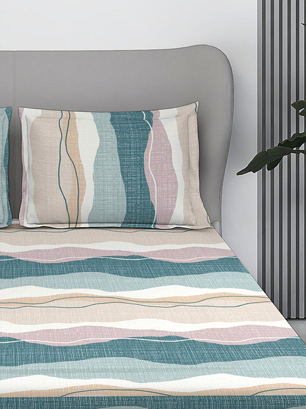 Firenze Floret 100% Cotton 146 TC Blue Grey Stripes 1 King Size Bedsheet with 2 Pillow Covers