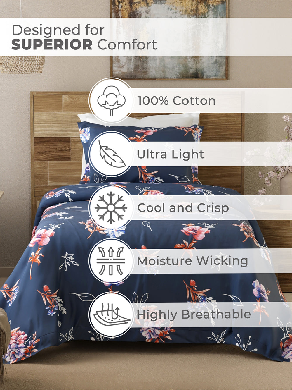 Emaline 100% Cotton 144 TC Blue Spring Single Size Bedsheet with 1 Pillow Cover