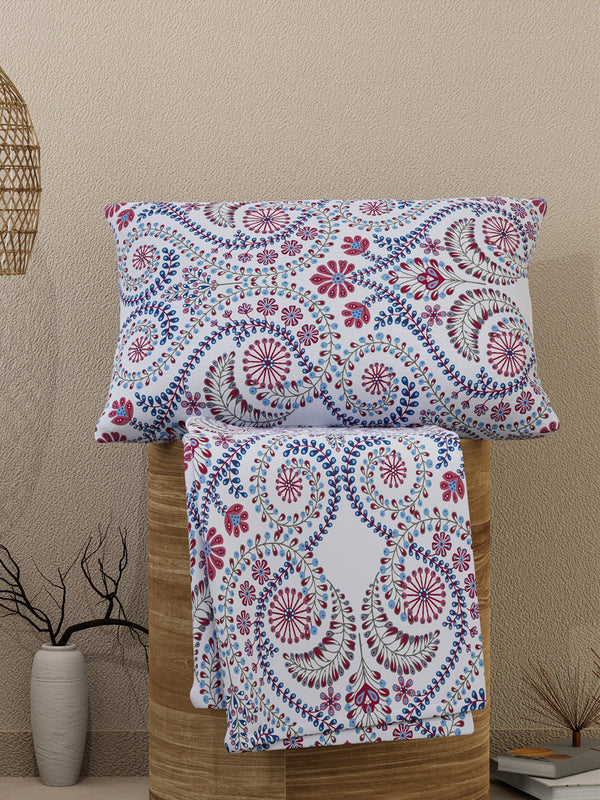 Emaline 100% Cotton 144 TC Light Blue Ethnic 1 Single Size Bedsheet with 1 Pillow Cover