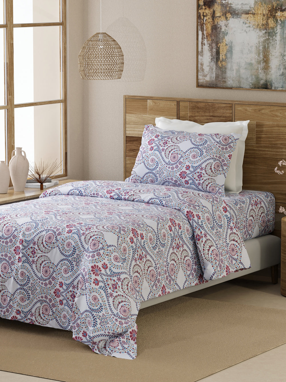 Emaline 100% Cotton 144 TC Light Blue Ethnic 1 Single Size Bedsheet with 1 Pillow Cover