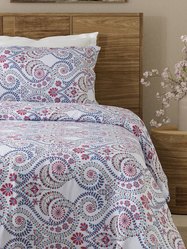 Emaline 100% Cotton 144 TC Light Blue Ethnic 1 Single Size Bedsheet with 1 Pillow Cover