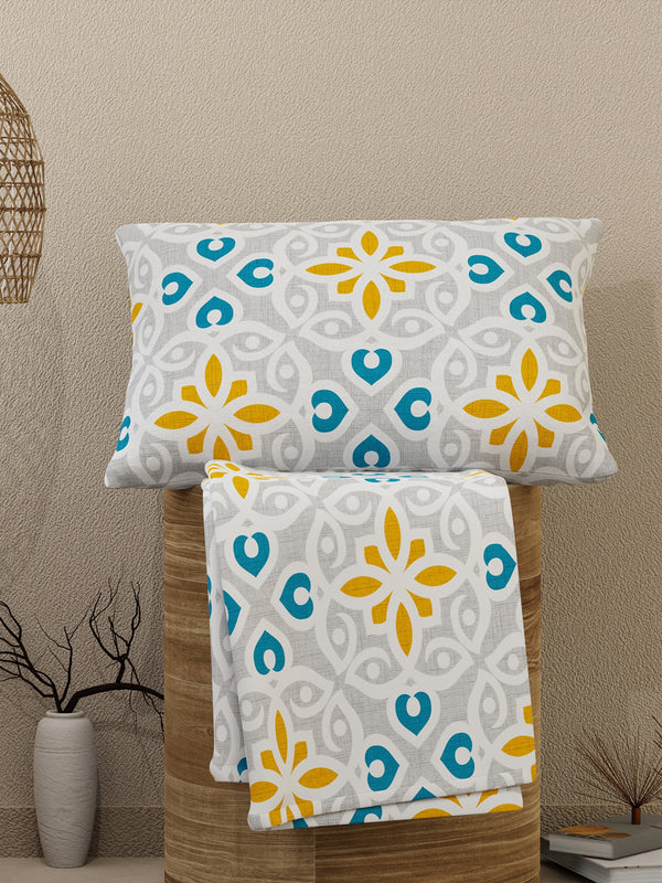 Emaline 100% Cotton 144 TC Grey Moroccan Tile Single Size Bedsheet with 1 Pillow Cover