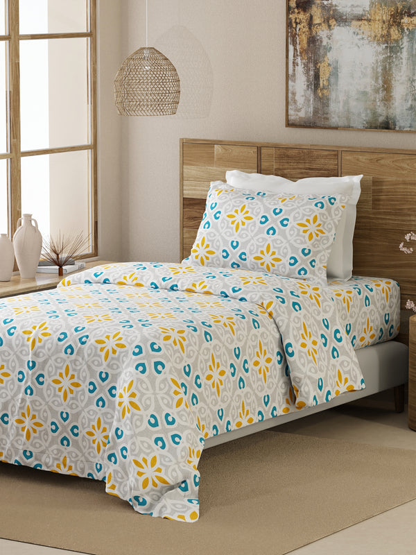 Emaline 100% Cotton 144 TC Grey Moroccan Tile Single Size Bedsheet with 1 Pillow Cover