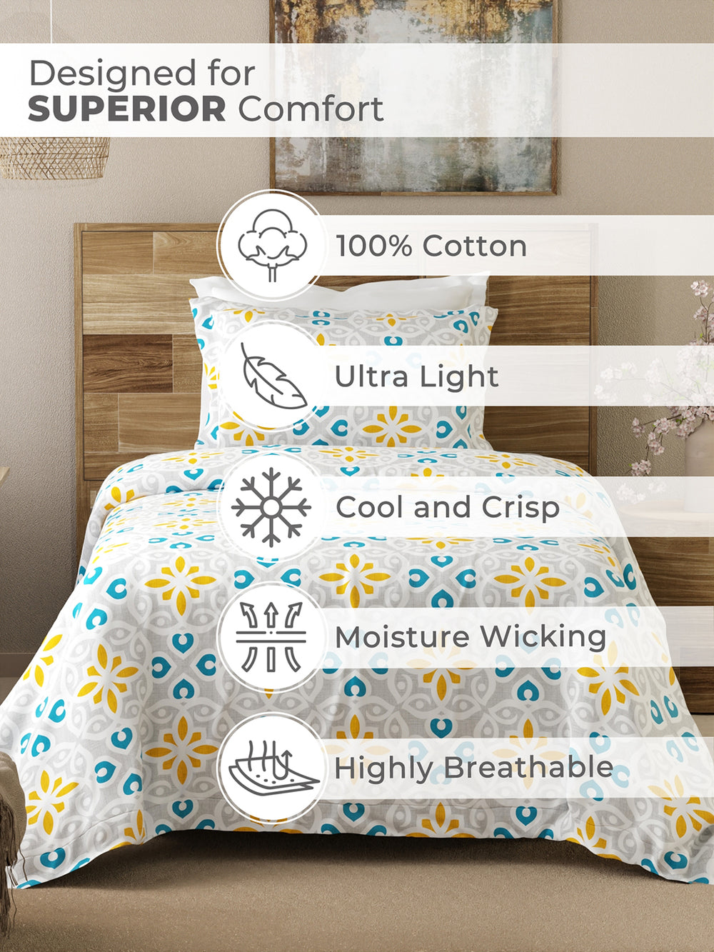 Emaline 100% Cotton 144 TC Grey Moroccan Tile Single Size Bedsheet with 1 Pillow Cover