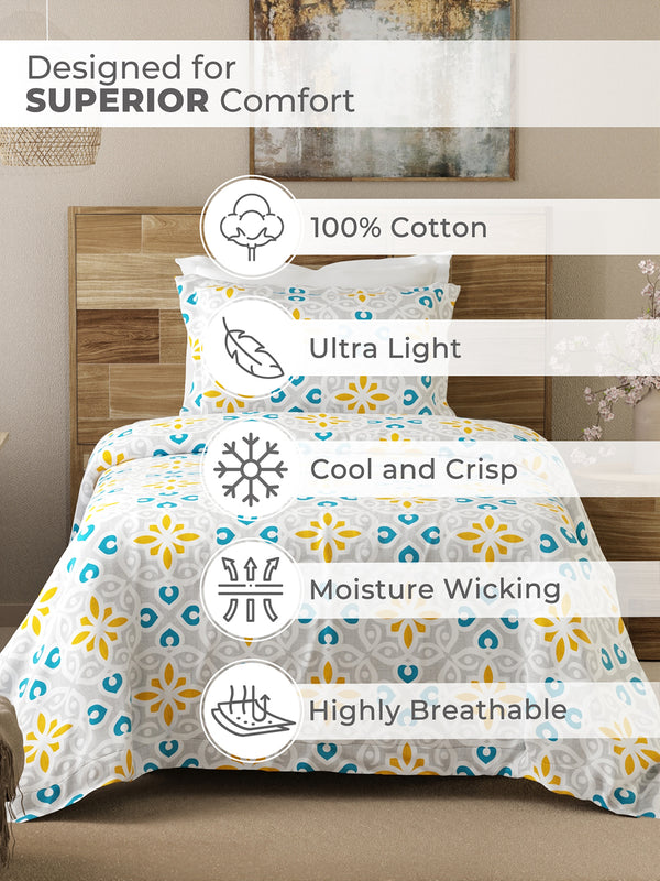 Emaline 100% Cotton 144 TC Grey Moroccan Tile Single Size Bedsheet with 1 Pillow Cover