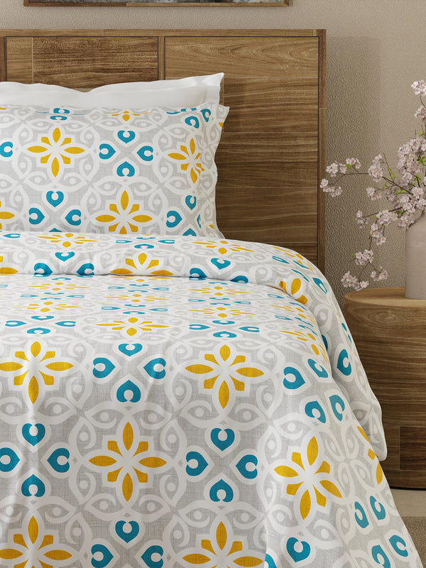 Emaline 100% Cotton 144 TC Grey Moroccan Tile Single Size Bedsheet with 1 Pillow Cover