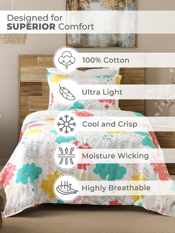 Emaline 100% Cotton 144 TC Multicolor Floral Carnation Single Size Bedsheet with 1 Pillow Cover