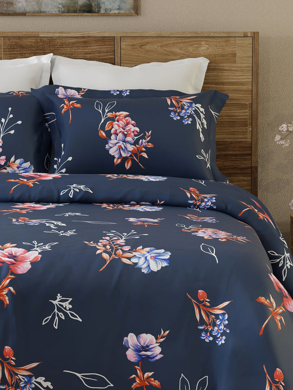 Emaline 100% Cotton 144 TC Navy Floral 1 Double Size Bedsheet with 2 Pillow Covers