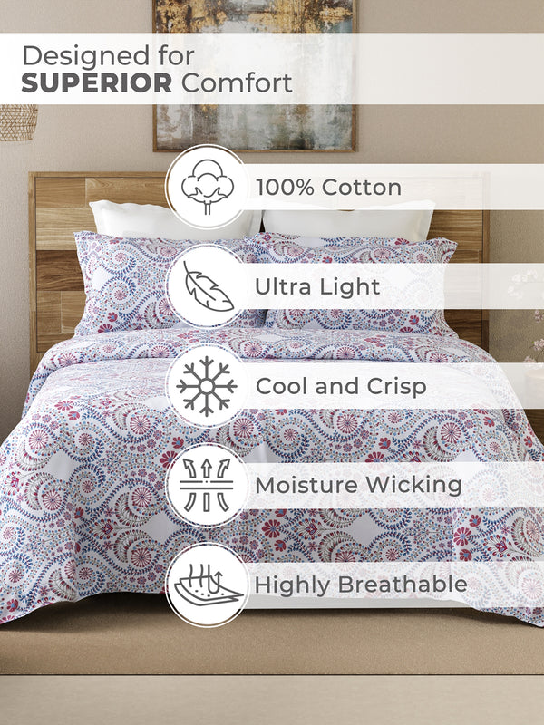 Emaline 100% Cotton 144 TC Light Blue Ethnic 1 Double Size Bedsheet with 2 Pillow Covers
