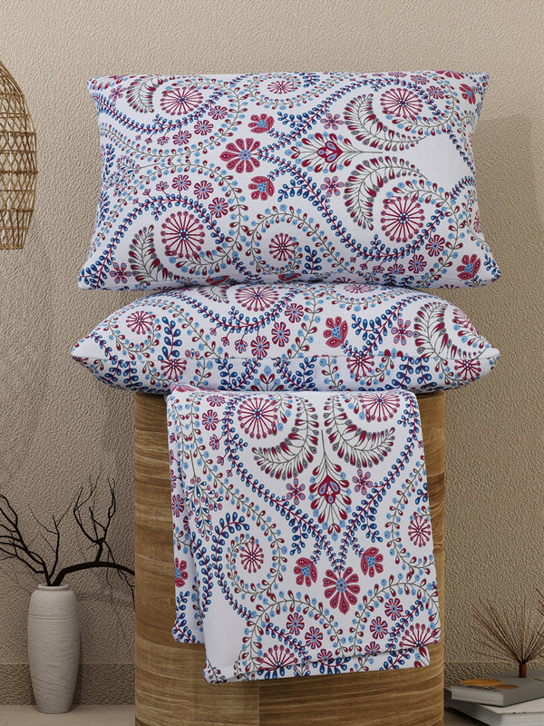 Emaline 100% Cotton 144 TC Light Blue Ethnic 1 Double Size Bedsheet with 2 Pillow Covers