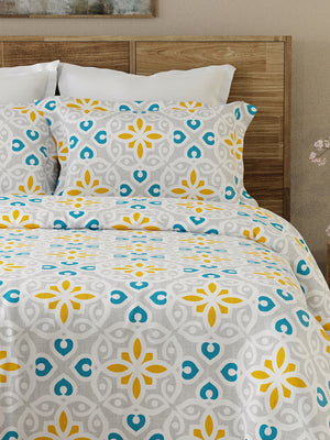 Emaline 100% Cotton 144 TC Grey Ethnic 1 Double Size Bedsheet with 2 Pillow Covers
