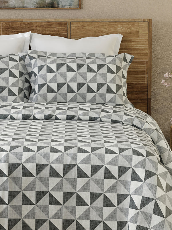 Emaline 100% Cotton 144 TC Grey Geometrical 1 Double Size Bedsheet with 2 Pillow Covers