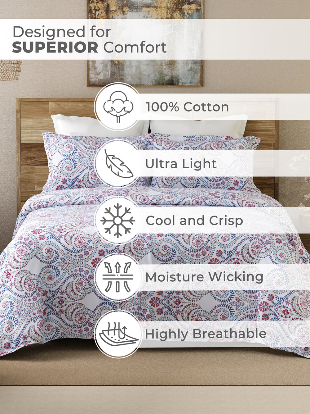 Emaline 100% Cotton 144 TC Purple Ornate King Size Bedsheet with 2 Pillow Covers