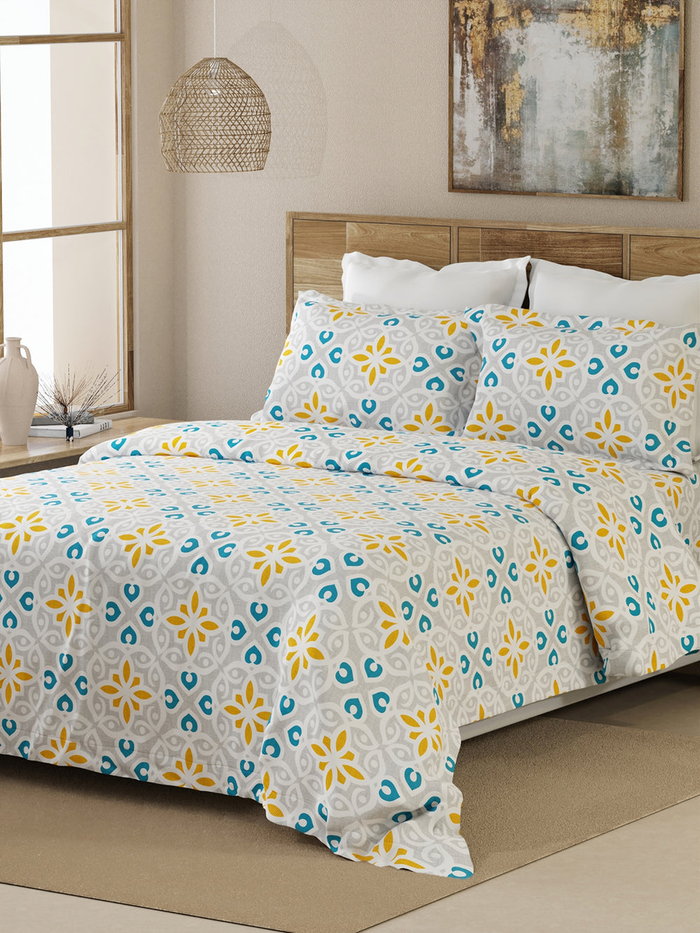 Emaline 100% Cotton 144 TC Grey Moroccan Tile King Size Bedsheet with 2 Pillow Covers