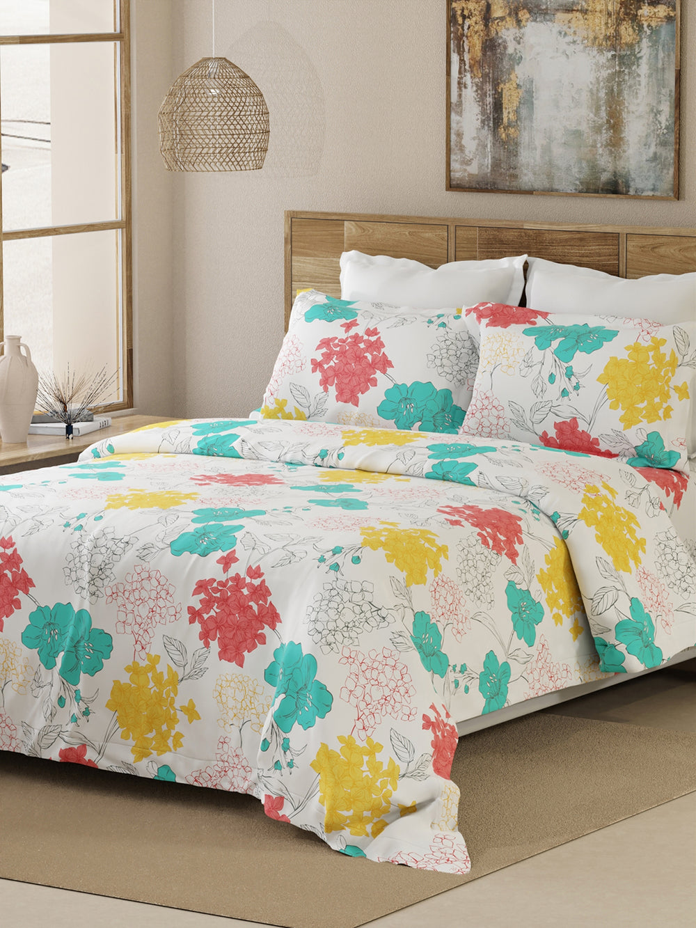 Emaline 100% Cotton 144 TC Floral Carnation King Size Bedsheet with 2 Pillow Covers