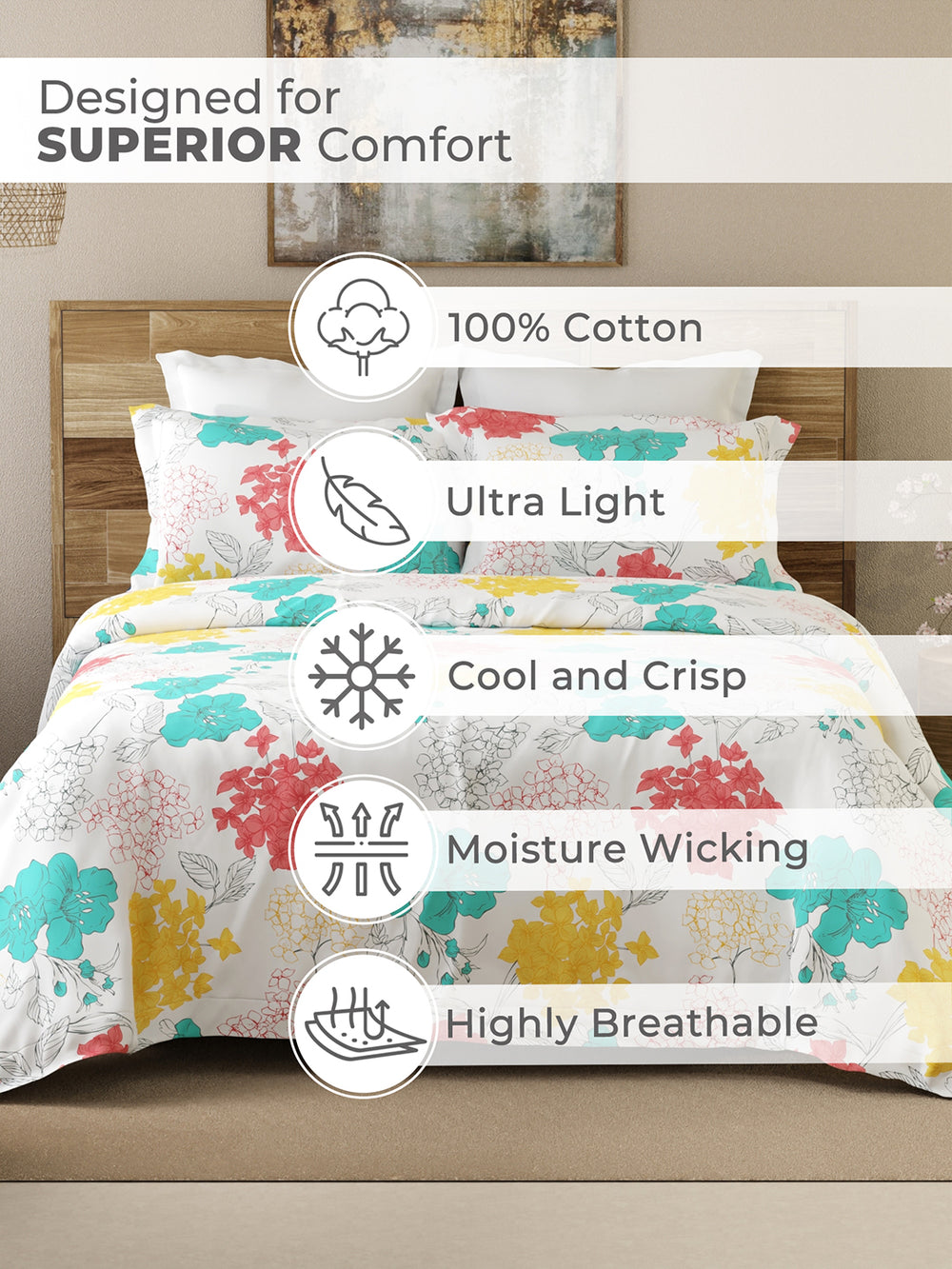 Emaline 100% Cotton 144 TC Floral Carnation King Size Bedsheet with 2 Pillow Covers