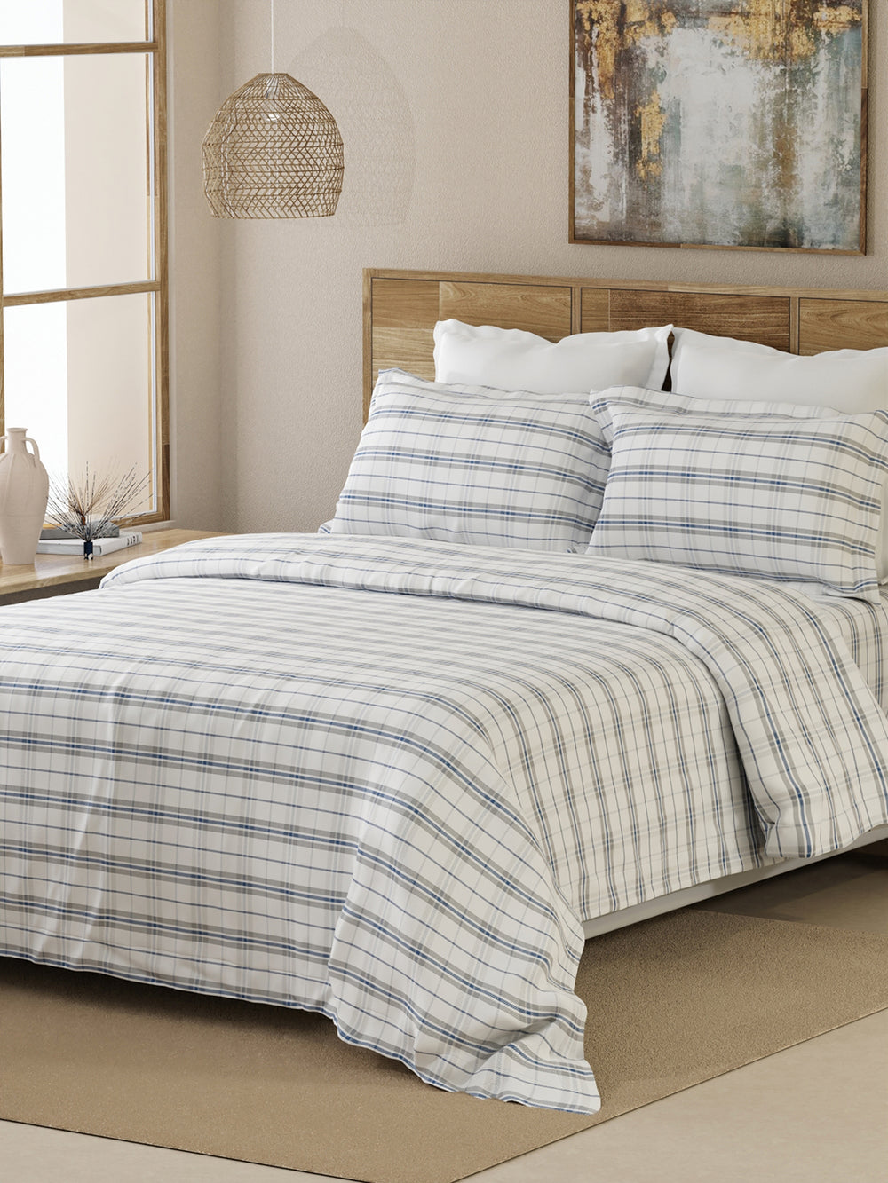 Emaline 100% Cotton 144 TC White Geometrical 1 King Size Bedsheet with 2 Pillow Covers