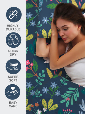 Blossom Microfibre 125 GSM Navy Floral 1 Double Size Bedsheet with 2 Pillow Covers