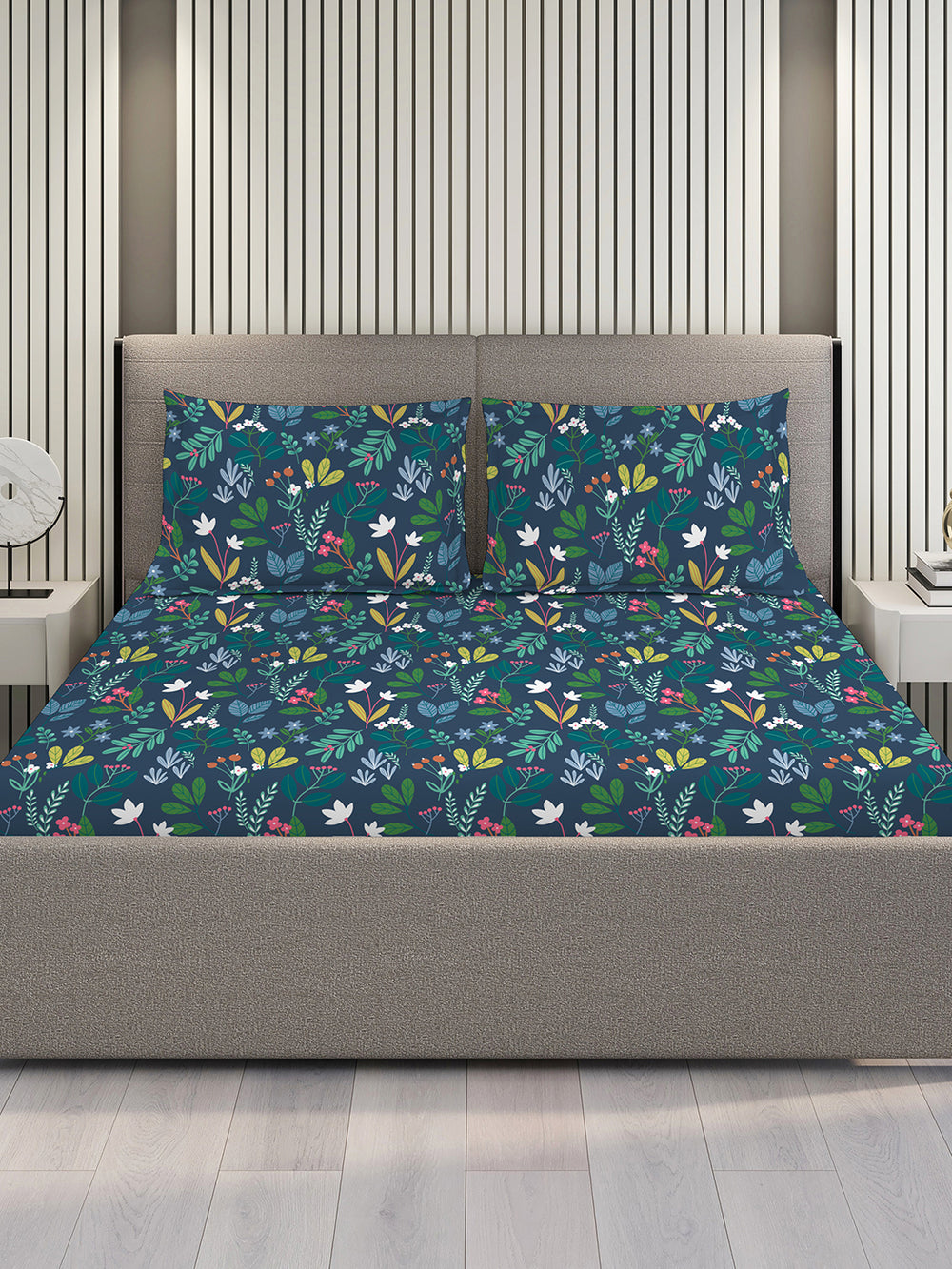 Blossom Microfibre 125 GSM Navy Floral Double Size Bedsheet with 2 Pillow Covers