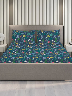 Blossom Microfibre 125 GSM Navy Floral 1 Double Size Bedsheet with 2 Pillow Covers