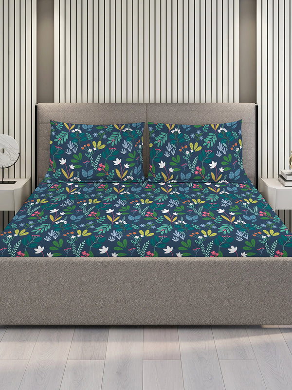 Blossom Microfibre 125 GSM Navy Floral 1 Double Size Bedsheet with 2 Pillow Covers
