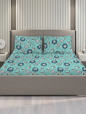 Blossom Microfibre 125 GSM Blue Floral 1 Double Size Bedsheet with 2 Pillow Covers