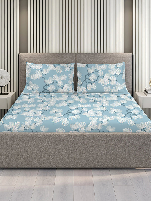 Blossom Microfibre 125 GSM Blue Floral 1 Double Size Bedsheet with 2 Pillow Covers